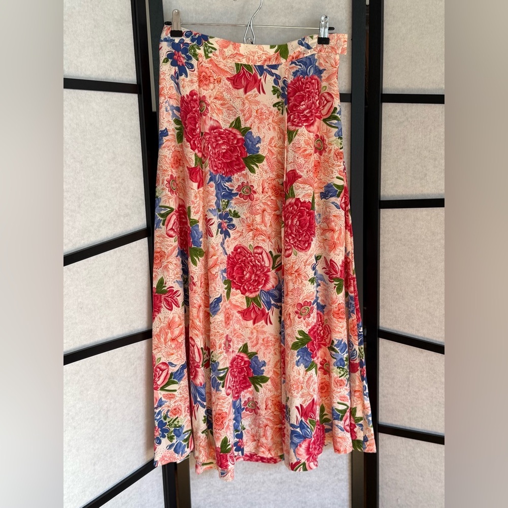 Brooks Brothers Vintage Silk Maxi Skirt. Pink and Blue Floral. A-line. Side zip